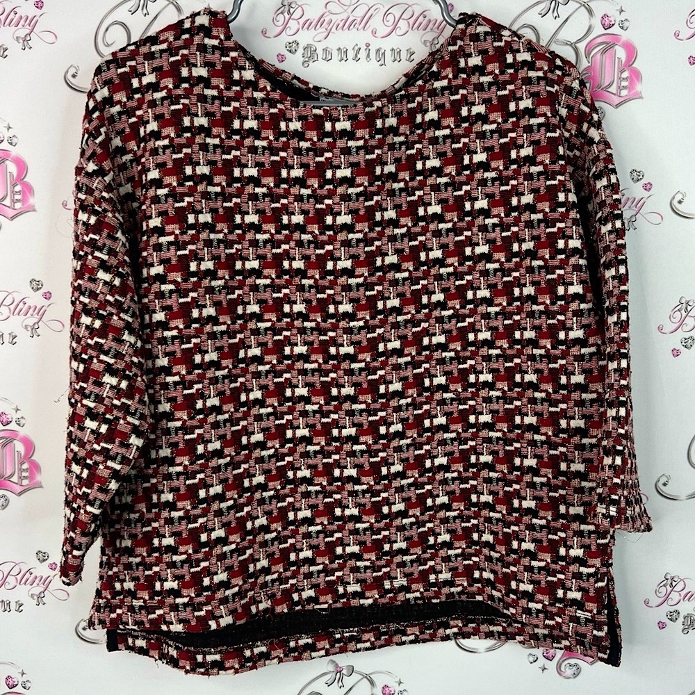 Pull&Bear sweater tweed style glitter gold Red and Black Patterned Blouse